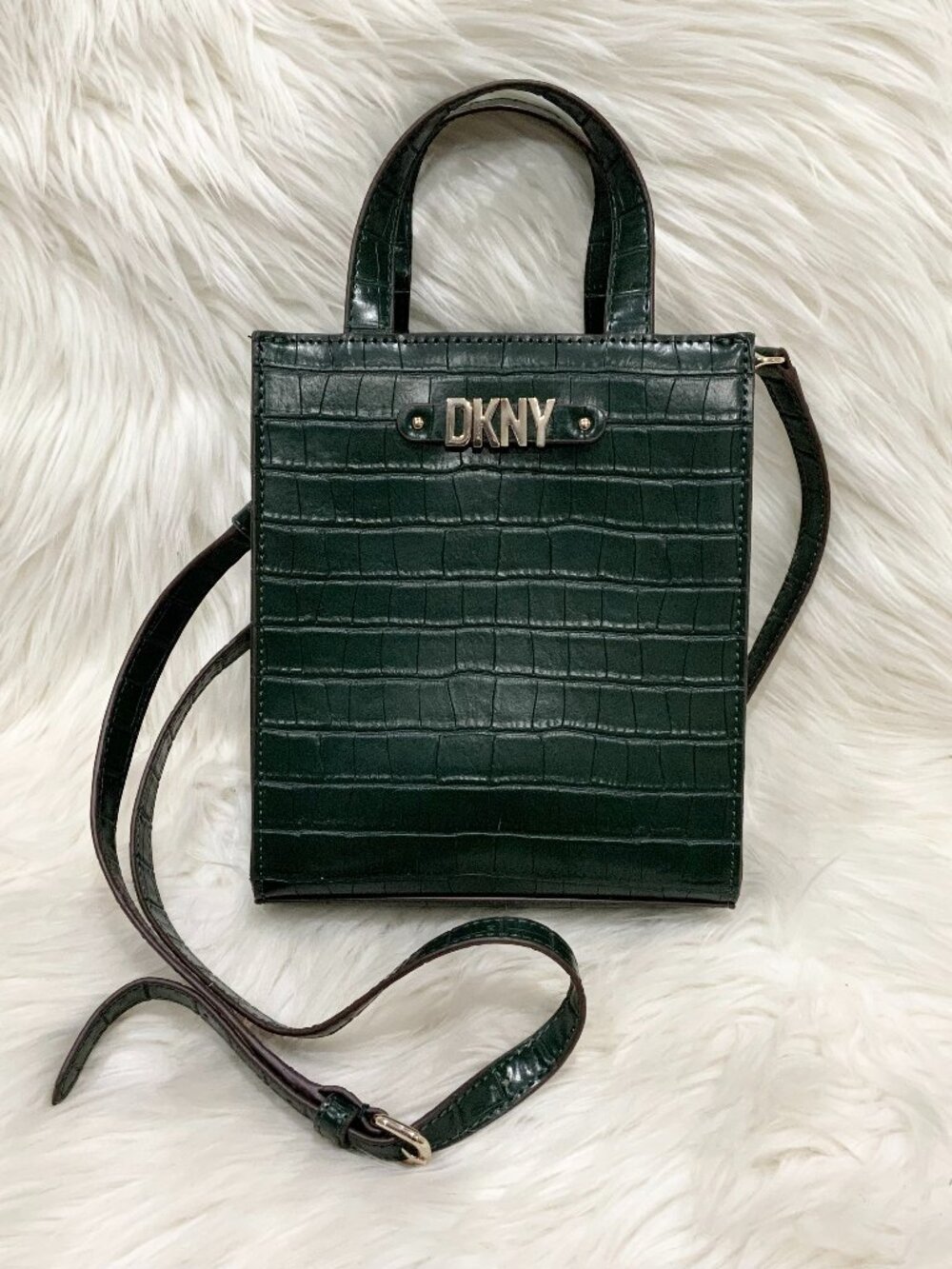 DKNY Alison Sm Ns Tote Crossbody Bag Dark Green Croc-Embossed Leather